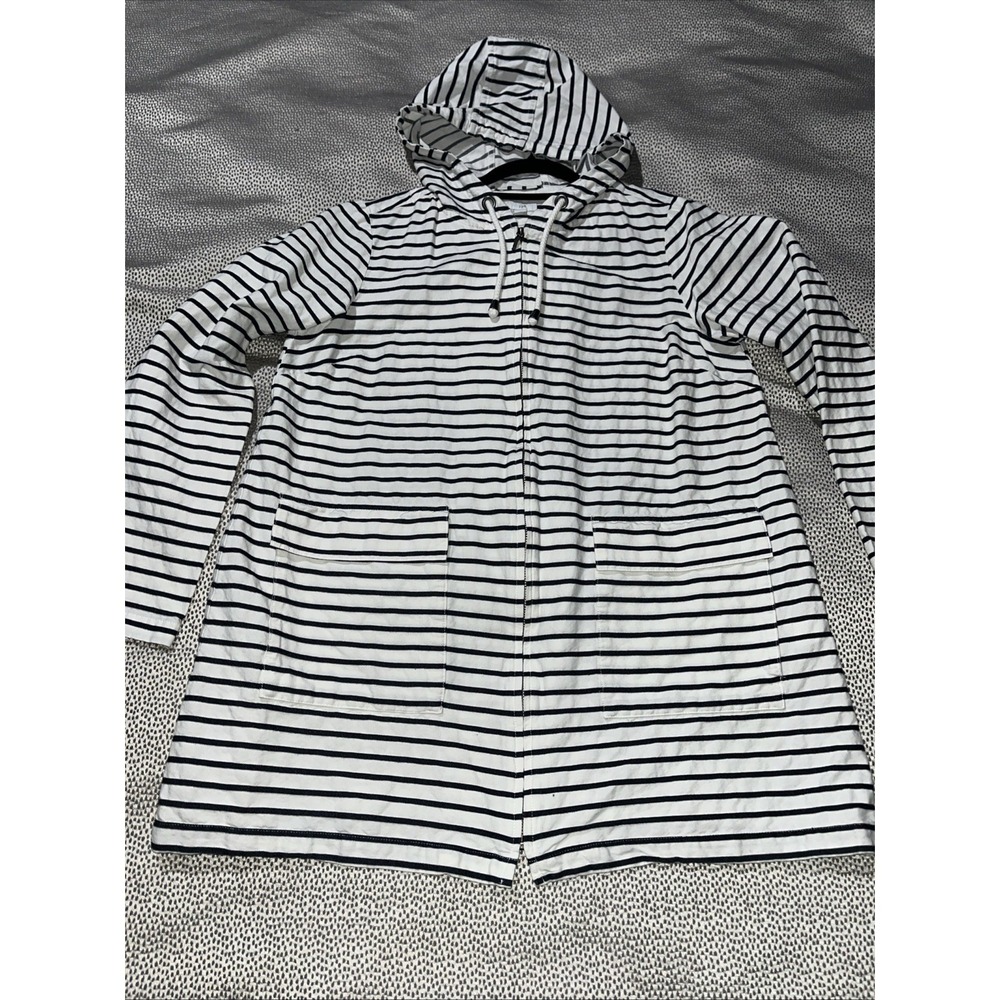 J Jill Mariner Nautical Striped Hooded Zip Jacket Womens Small Blue White Cotton